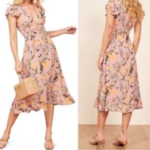 Reformation Toucan Tropical Floral Pink Midi Dress Small